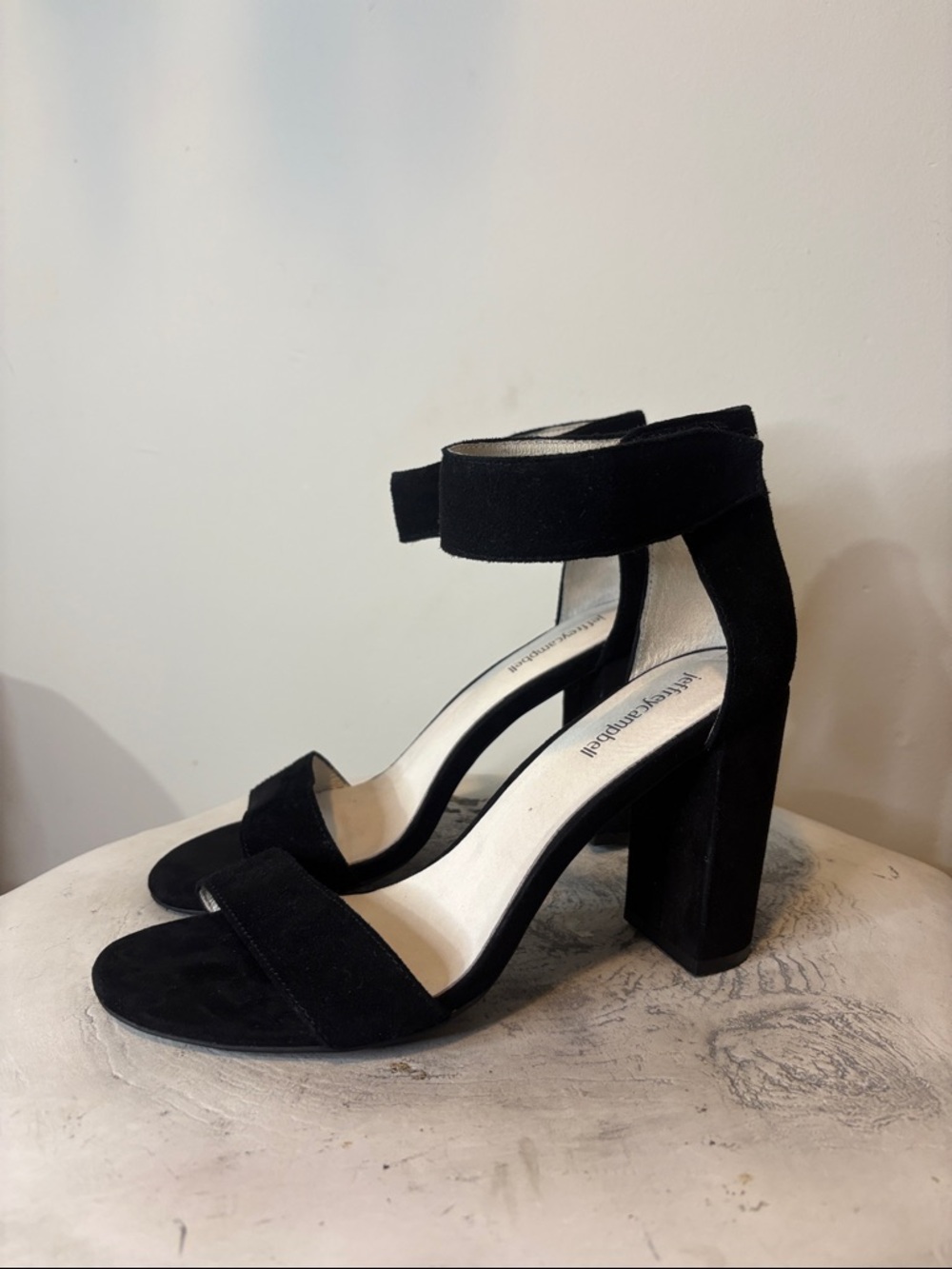 Black Suede Velcro Ankle Strap Jeffrey Campbell Lindsay Block Heel Sandals EUC 8